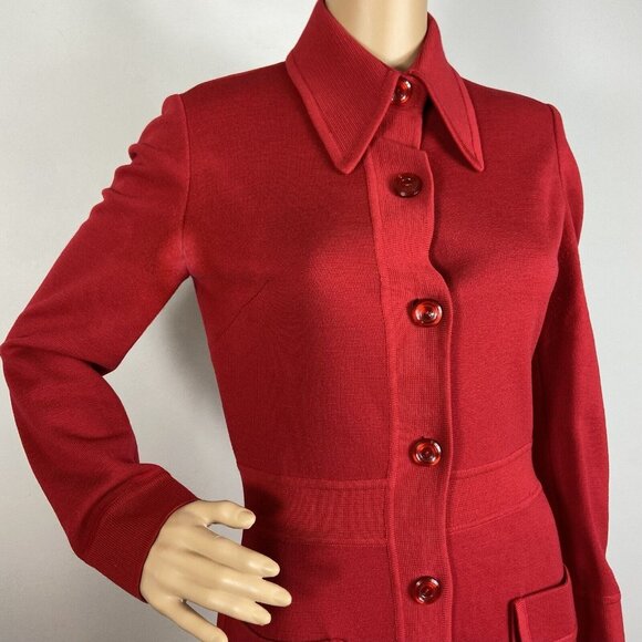 Vtg 60s 70s Knit Wool Dress Sz M Full Front Button Up Pockets Red - Picture 3 of 14